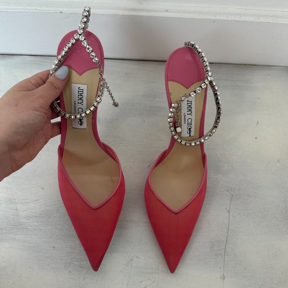Jimmy Choo Saeda 100 Pointed Toe Mesh Pumps Pink Crystal Embellished Ankle Strap - Picture 5 of 9